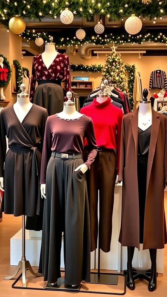 Stylish Christmas Outfit Ideas for Midsize Women Stylish Christmas outfits for midsize women displayed on mannequins with holiday decorations.